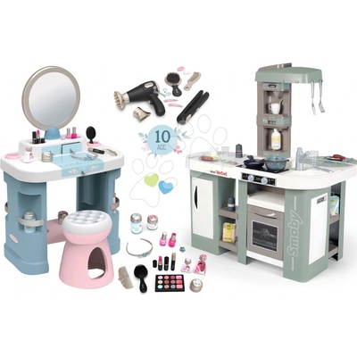 Smoby Set kuchynka elektronická s bublaním Tefal Studio Kitchen XL Bubble 360° a kozmetický stolík so stoličkou a kaderníčka so sušičom na vlasy