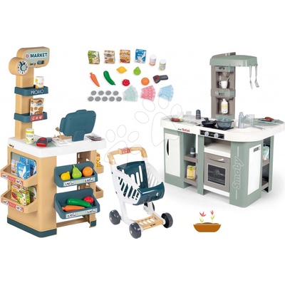 Smoby Set kuchynka elektronická s bublaním Tefal Studio Kitchen XL Bubble 360° a obchod s pokladňou Market so skenerom so zvukom a svetlom