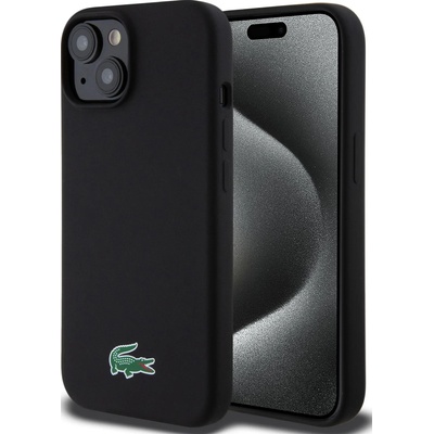 Lacoste калъф MagSafe от течен силикон с микрофибър и лого крокодил за iPhone 15 черен (LCHMP15SSLOK)