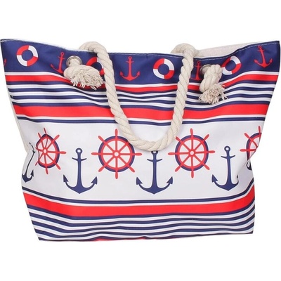 Плажна чанта в синьо и червено с котви и райе