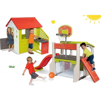 Smoby Set domček Pretty Nature s letnou kuchynkou a okenicou+preliezačka Multi-Activity Tower so šmykľavkou