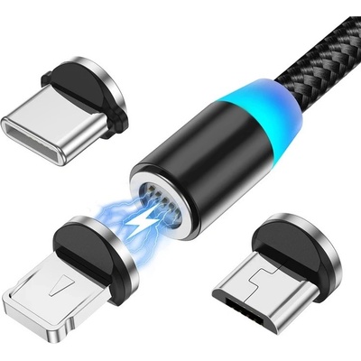 W-star MG3BK1 magnetický USB, 3v1, USBC, micro USB, lightning, 5A, Led, 1m, černý