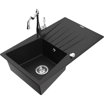 Mexen Cesar гранитна мивка с 1 корито и отцедник и кухненски смесител Carla, черен - 6514-77-670700-00 (6514-77-670700-00)