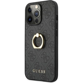 GUESS Hard Case 4G With Ring Stand - дизайнерски кожен кейс с пръстен против изпускане за iPhone 13 Pro Max (черен)