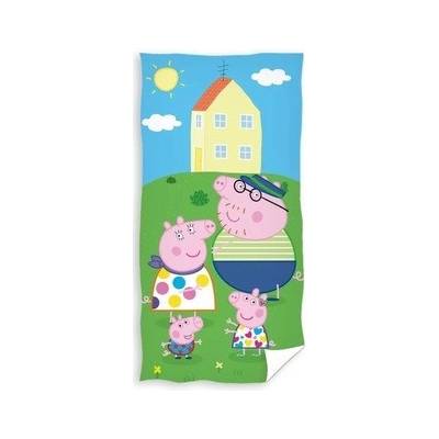 Carbotex Dětská plážová osuška PRASÁTKO PEPINA PEPPA ZÁBAVA NA ZAHRADĚ zeleno modrá 70 x 140 cm