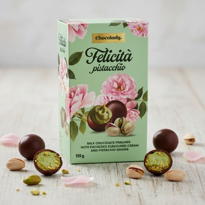 Chocolady Pralinky z mléčné čokolády plněné krémem s pistáciovou příchutí a kousky pistácií Felicitá pistacchio 150 g