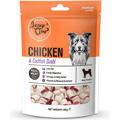 Jerky Time - Премиум лакомство за кучета, суши с истинско пилешко месо и риба треска, годно за човешка консумация, 80 гр
