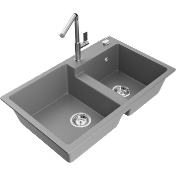 Mexen Tomas двукамерна гранитна мивка с кухненски смесител Flora, сив - 6516-71-670401-00 (6516-71-670401-00)