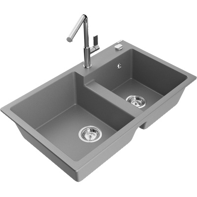 Mexen Tomas двукамерна гранитна мивка с кухненски смесител Flora, сив - 6516-71-670401-00 (6516-71-670401-00)