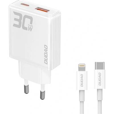 Dudao A30EUL мрежово зарядно устройство с USB+Type-C изход, 30 W, бързо зарядно + Lightning кабел, БЯЛО GP-190592 (GP-190592)