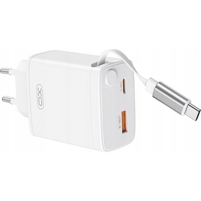 XO CE31 Променливотоково зарядно устройство USB+Type-C гнездо 30W, бързо зарядно PD 3.0 + кабел с фиксирана намотка Type-C, БЯЛ XO-CE31+TYPEC (XO-CE31+TYPEC)