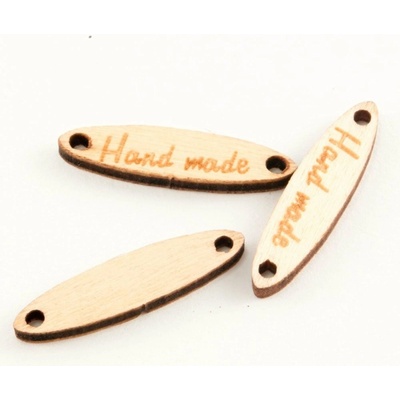 Našívacie drevená ceduľka Hand made - svetlé drevo - rozmer 2,7 cm x 0,7 cm