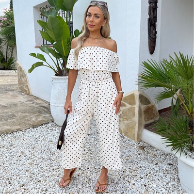 AX Paris Cream And Brown Polka Dot Bardot Frill Culotte Jumpsuit - Cream