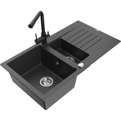 Mexen Matias гранитна мивка с 1, 5 камери и отцедник и кухненски смесител Duero, черна на петна - 6502-76-671600-70 (6502-76-671600-70)