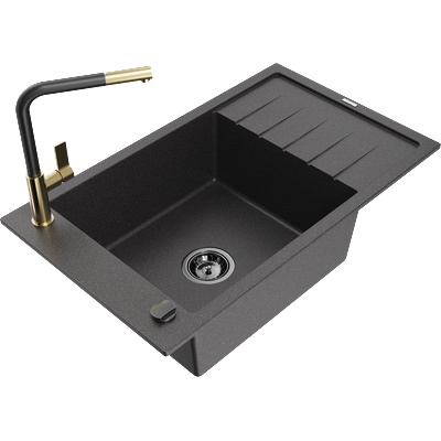 Mexen Elias гранитна мивка с 1 отделение и отцедник и кухненски смесител Flora, черен на пръски - 6511-76-670401-57-B (6511-76-670401-57-B)