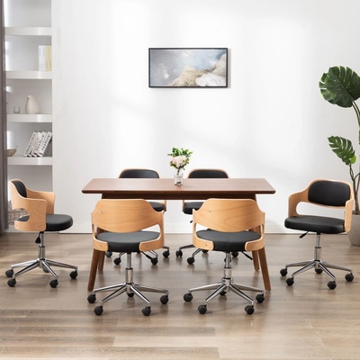 vidaXL Въртящи трапезни столове 6бр черни извито дърво/изкуствена кожа (3054937)