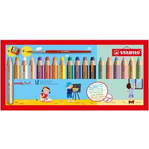STABILO Комплект цветни моливи, Stabilo, Woody 3 в 1 Pastel + острилка + четка ST880/18-4, 18 цвята (ST880/18-4)