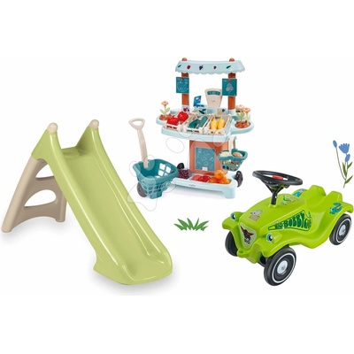 Smoby Set šmykľavka s vodnou hrou a zeleninový stánok s vozíkom XS Slide Green Life dĺžka šmyku 90 cm a odrážadlo Dino s nálepkami