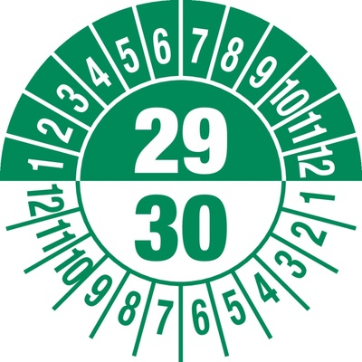 Kontrolná nálepka 29/30, zelená, fólia samolepiaca, 30 mm, BJ = 5 x 15 ks