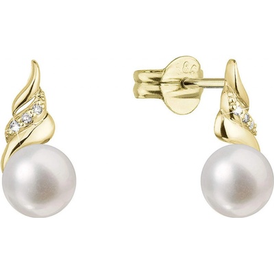 Pavona zlaté 14 karátové náušnice s říční perlou a brilianty 91PB00059