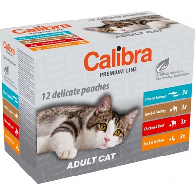 Calibra Premium Line Adult Pstruh a losos / jehněčí a drůbeží / kuřecí a hovězí a kuře / kachna s kuřetem v omáčce 12 x 100 g