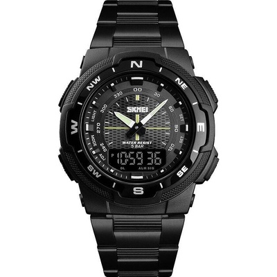 Skmei Мъжки часовник SKMEI Duo Time, Хронограф, Двойно време, LED подсветка, Неръждаема стомана, Черен (SKMEI-1370-BLACK-BLACK)