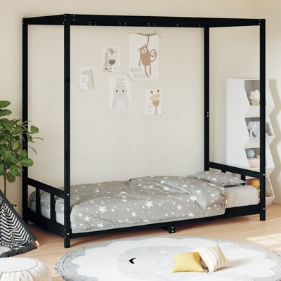 vidaXL Детска рамка за легло, черна, 90x190 см, бор масив (834518)