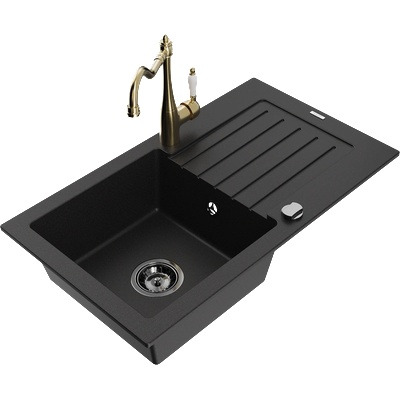 Mexen Pablo гранитна мивка с една камера с оцедник и кухненски смесител Carla, черен - 6510-77-670700-50-B (6510-77-670700-50-B)