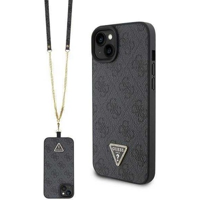 GUESS Гръб Guess PU 4G Strass Triangle Metal Logo Case + Crossbody Strap за iPhone 15 - Сив