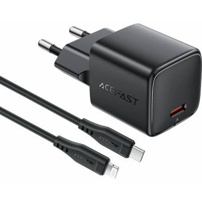 ACEFAST Зарядно за стена (A118) GaN - Acefast - бързо зареждане, PD30W, мини дизайн, с кабел Type-C към Lightning 1.2м - Черно