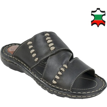 Image 1 of Български обувки Мъжки чехли от естествена кожа в черно със сиви шевове