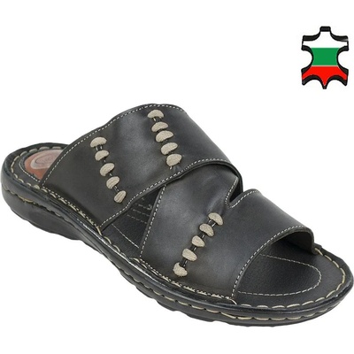 Български обувки Мъжки чехли от естествена кожа в черно със сиви шевове