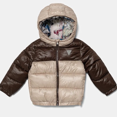 GUESS Двуцветно яке в бежово и кафяво за мини момче с несваляема качулка и лого Guess