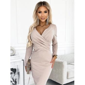 Numoco Елегантна памучна рокля с деколте тип "молив" и дълги ръкави - бежова Numoco numoco | Bezhov | ЖЕНИ | S