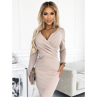 Numoco Елегантна памучна рокля с деколте тип "молив" и дълги ръкави - бежова Numoco numoco | Bezhov | ЖЕНИ | S