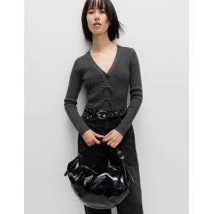 Marks & Spencer Блестящ пулувър на копчета с V-образно деколте и детайл с панделка Marks & Spencer сива Marks & Spencer | Siv | ЖЕНИ | S