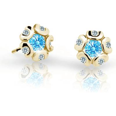 Danfil dětské náušnice kytičky C2178 ze žlutého zlata s kamínkem Arctic Blue zapínání puzeta