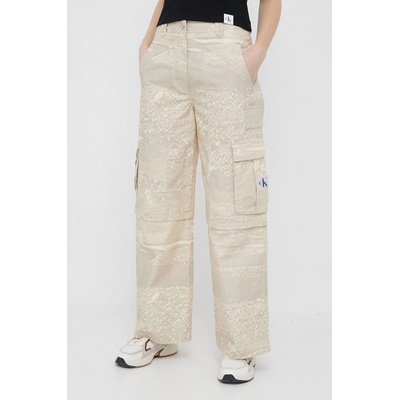 Calvin Klein Jeans Памучен панталон Calvin Klein Jeans в бежово с широка каройка, с висока талия (J20J221071.PPYX)