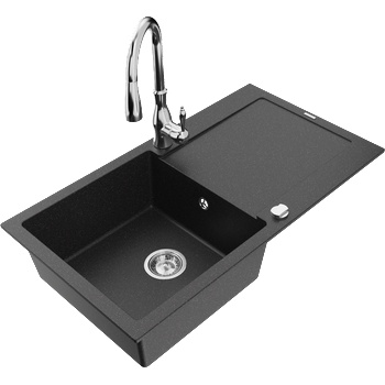Mexen Leo гранитна мивка 1-камерна с място за отцеждане и кухненски смесител Savita, черен/сребрист металик - 6501-73-672601-00 (6501-73-672601-00)