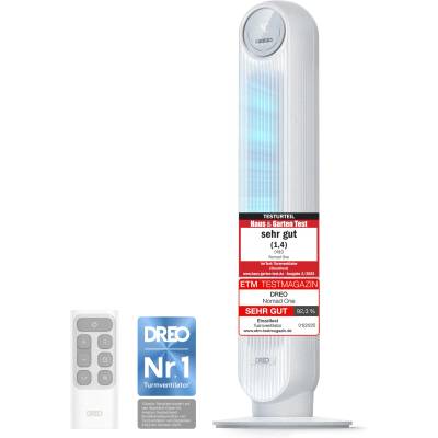DREO 20dB Quiet Tower Fan, 10m Throw 4 Speed Levels 4 Modes 8 Hour Timer 90° Oscillating Fan with Cooling Remote Control for Bedroom, Nomad One, White - DR-HTF007