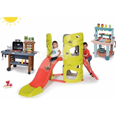 Set prolézačka Multiactivity Climbing Tower na šplhání se skluzavkou Smoby a zmrzlinářský vozík na tahání se zahradním grilem