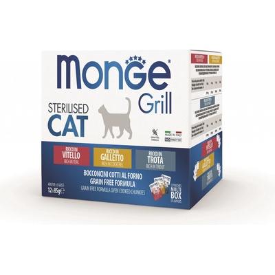 Monge Grill Sterilised smíšená sousta telecí kohoutí pstruh 12 x 85 g