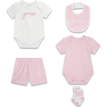 Guess Две къси бодита, къси панталони, чорапи и лигавник в бяло и розово за бебе момиче Guess