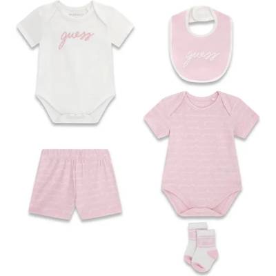 Guess Две къси бодита, къси панталони, чорапи и лигавник в бяло и розово за бебе момиче Guess