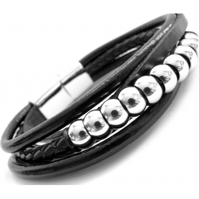 Steel Jewelry pánský černý kožený náramek s kombinací chirurgické oceli NR180413