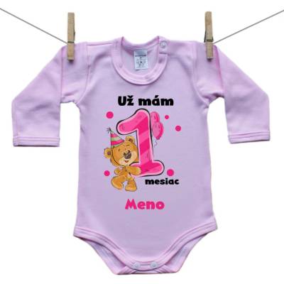 Boodyy Ružové body s dlhým rukávom Už mám 1 mesiac s Medvedíkom a menom dieťatka Dievča