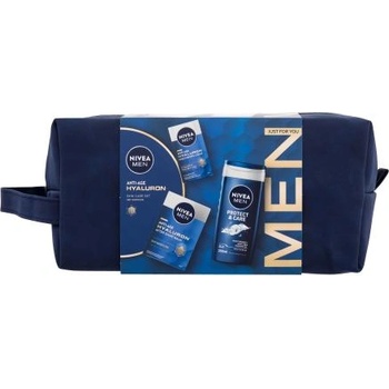 Nivea Men Hyaluron Anti-Age Skin Care Set подаръчен комплект: балсам след бръснене Men Hyaluron 100 ml + дневен крем за лице Men Hyaluron 50 ml + душ гел Protect & Care 250 ml + козметична чантичка