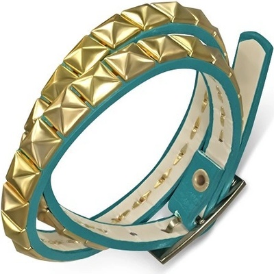 Šperky eshop koženkový dvojitý náramok modrý opasok s pyramídkami v zlatej farbe AB21.05