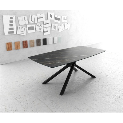DELIFE Jídelní stůl Edge 200x100 cm keramika zaoblená Laminam® Noir Desir hnědá šikmá podnož kov černá