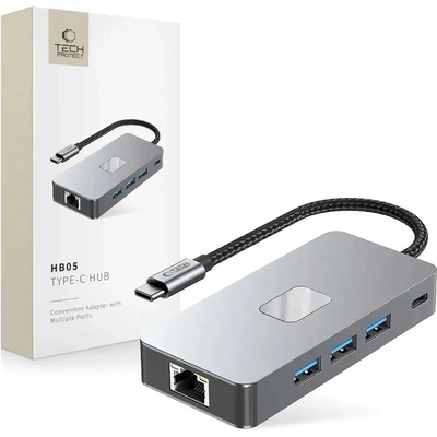 Tech-Protect HB05 HUB 9in1 USB-C + USB2.0 + USB3.0 + HDMI 4K 60HZ + SD / TF + PD100W + RJ45 адаптер - сив (5906302360543)